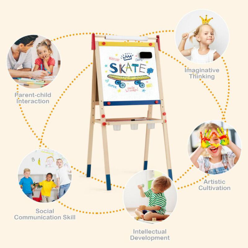 Hivvago All-in-One Wooden Height Adjustable Kid's Art Easel with Magnetic Stickers and Paper