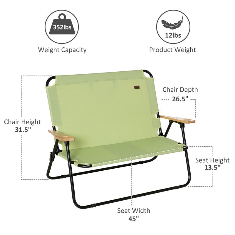 Green Portable Seating: Folding Double Camping Chair with Cup Holders