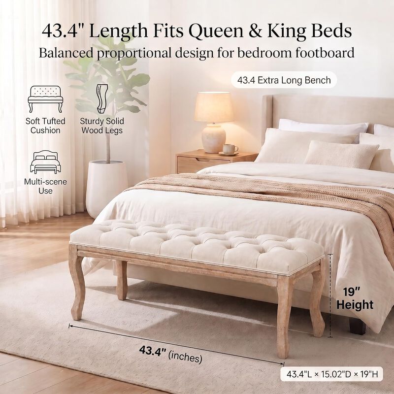 Envelor French Vintage Tufted Linen Upholstered Bench, 43.3 in. image number 3