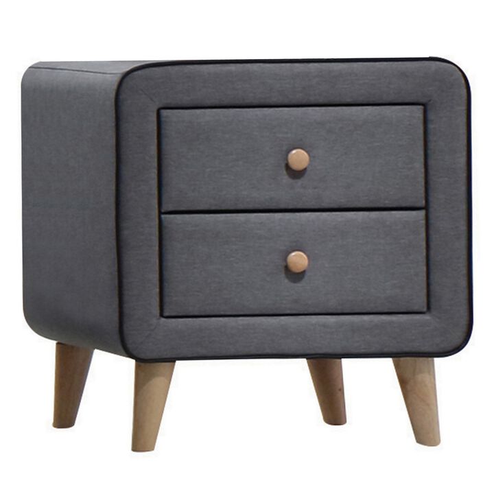 Transitional Style Wood and Fabric Upholstery Nightstand with 2 Drawers, Gray-Benzara