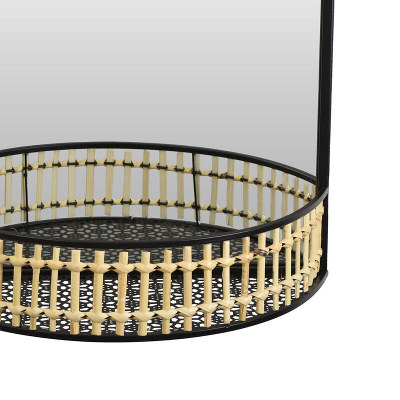 Elpis Wall Mirror Decor with Woven Shelf, 20 Inch Tall Black Metal - Benzara