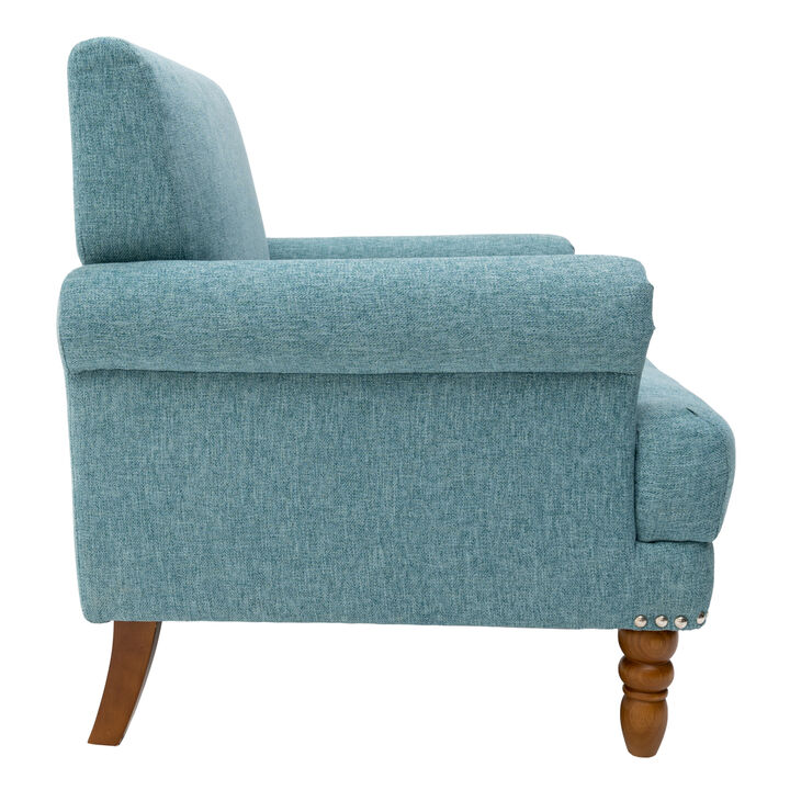 Cotton Accent Chair Mid Century Modern Living Room Armchair with Nailhead Trim Wood Legs Comfy Upholstered Single Sofa Chair for Lounge/Bedroom/Reception Blue