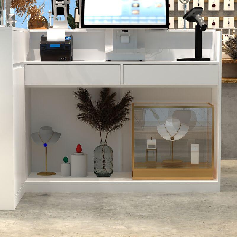 Large L-Shaped Reception Desk with 3 Drawers, 15 Open Shelves, Counter Top & Monitor Stand, Office Desk Reception Counter Table with File Cabinet, White (70.9&rdquo;L x 47.2&rdquo;D x 39.43&rdquo;H)