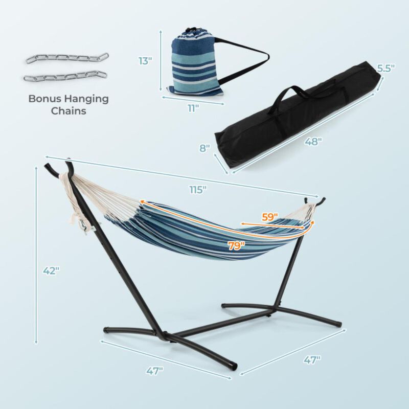 Hivvago Portable Indoor Outdoor 2-Person Double Hammock Set with Stand and Carrying Cases-Blue