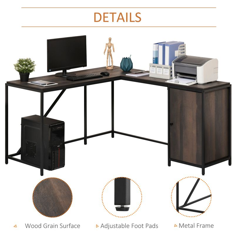 L-Shaped Computer Corner Desk with Storage Cabinet, Adjustable Shelf, Large Tabletop and Black Steel Frame, Brown