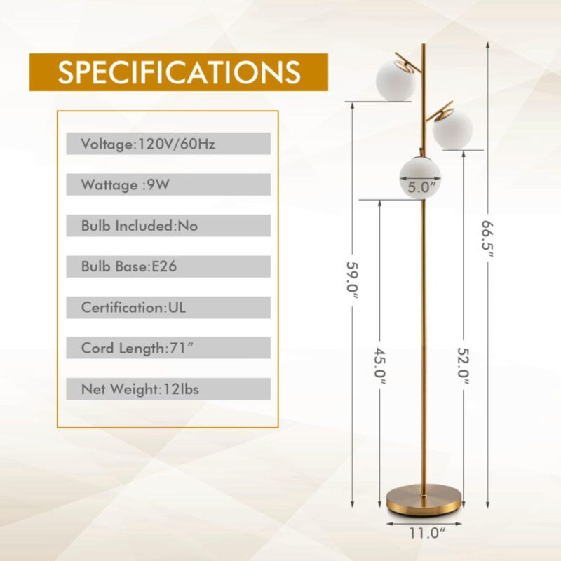 Hivvago 3-Globe Floor Lamp with Foot Switch and Bulb Bases-Golden