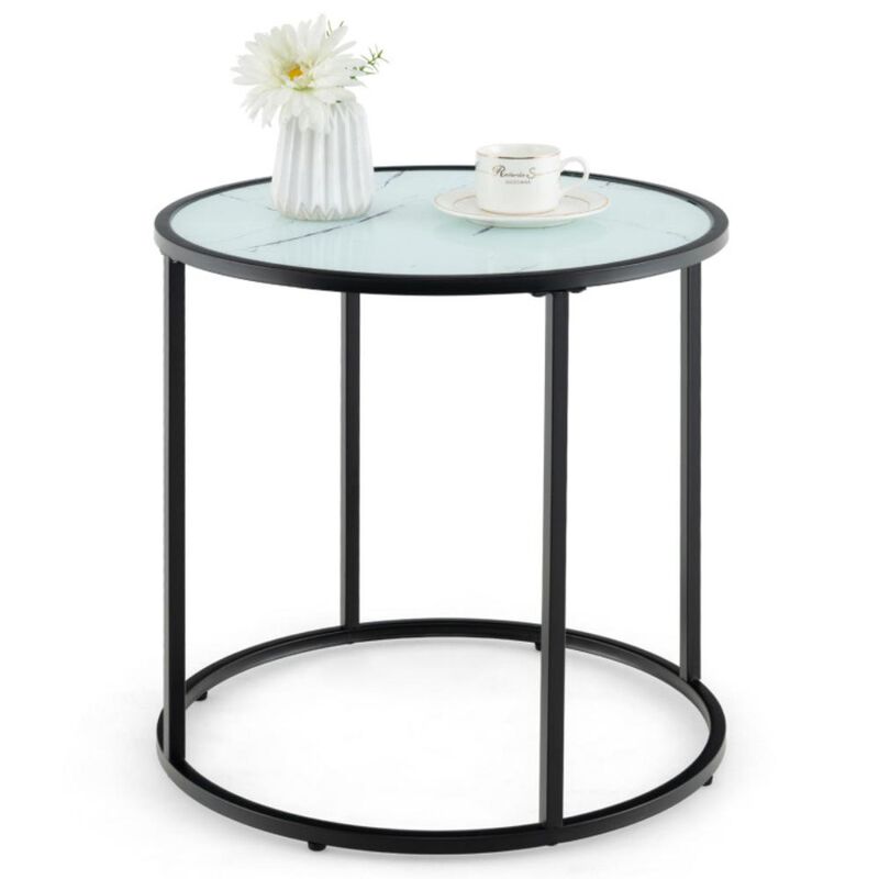 Hivvago 20 Inch Glass End Table with Metal Frame and Faux Marble Glass Top