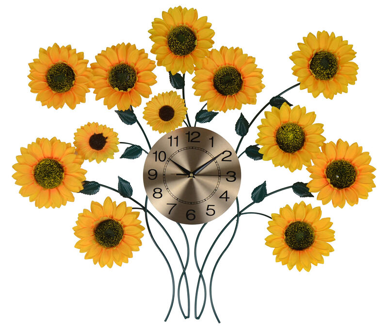 HomeRoots 31" Yellow Green And Gold Metal Silent Analog Sunflower Floral Wall Clock image number 0