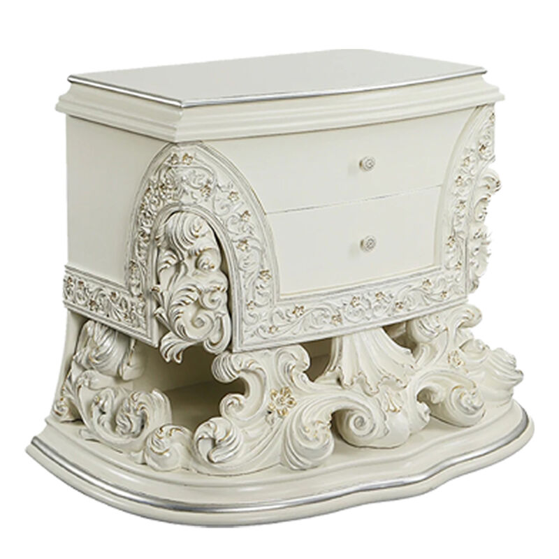 Bo Four Piece Full Bedroom Set, Baroque Style, White Faux Leather Uphosltery - Benzara image number 2