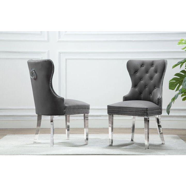 Best Quality Furniture Velvet Tufted Dining Chair, Stainless Steel Legs (Set of 2)