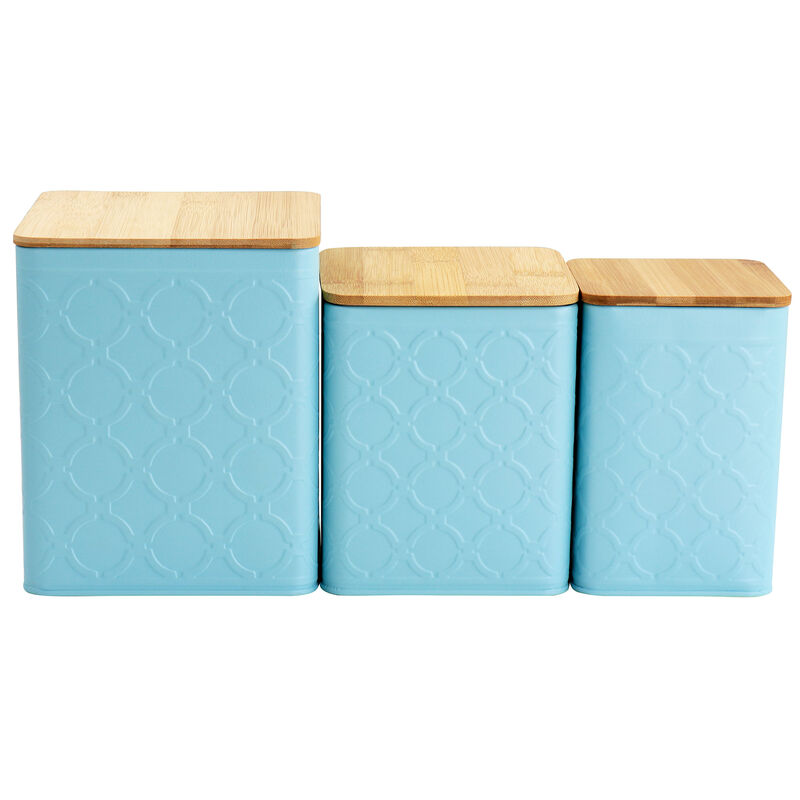 MegaChef 3 Piece Square Iron Kitchen Canister Set with Bamboo Lids in Turquoise image number 1