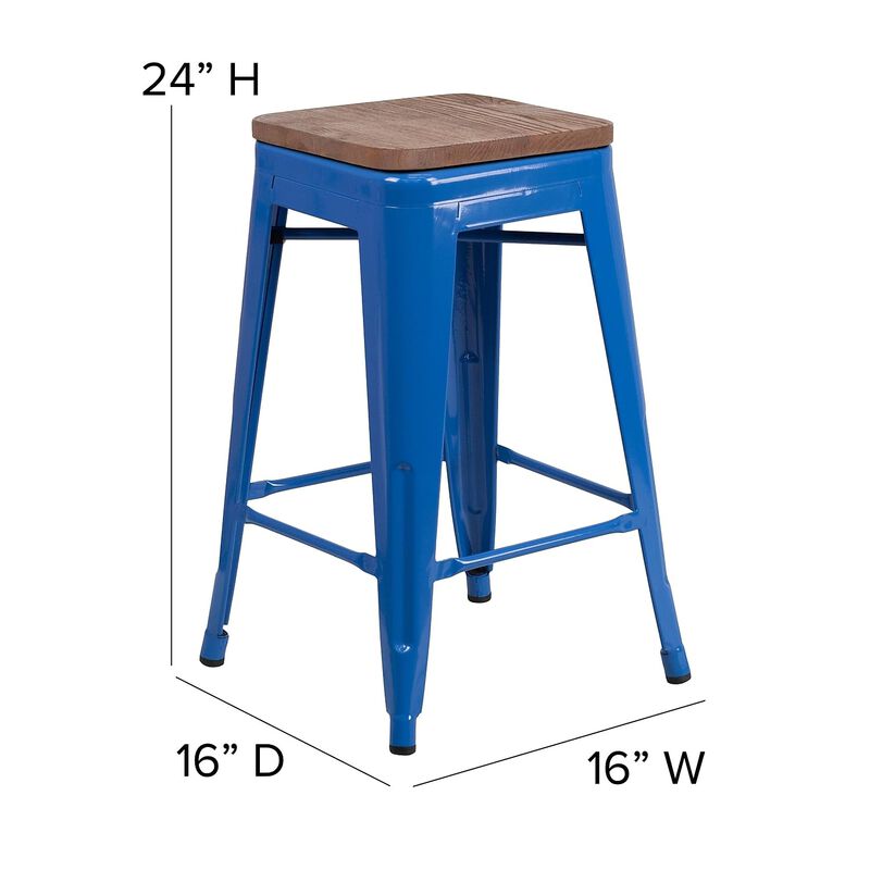 Flash Furniture Lily 24" High Backless Blue Metal Counter Height Stool with Square Wood Seat