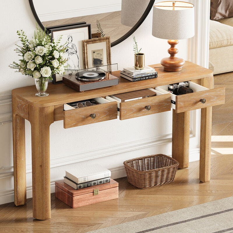 Whisen 52" Rustic Console Table with 3 Drawers, Solid Wood MDF, Sturdy Sofa Table for Entryway Living Room Hallway image number 3