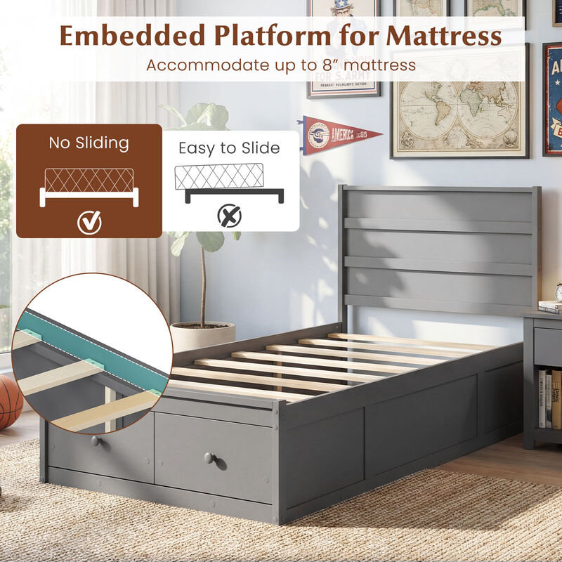 Twin Platform Bed Frame with Built-In Storage Drawers and Headboard image number 5