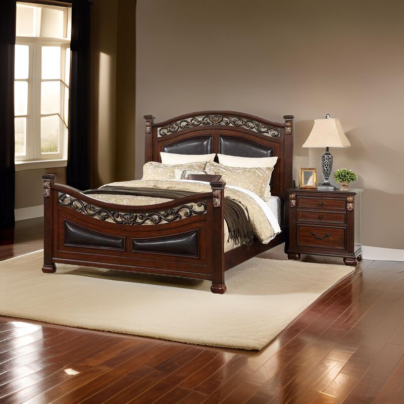 Miri Arched King Size Bed, Carved Leaf Details, Reeded Pilasters, Oak Brown - Benzara