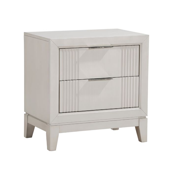 Flo Nightstand, 2 Drawers, Antique White Wood, Chrome Edge Handles - Benzara