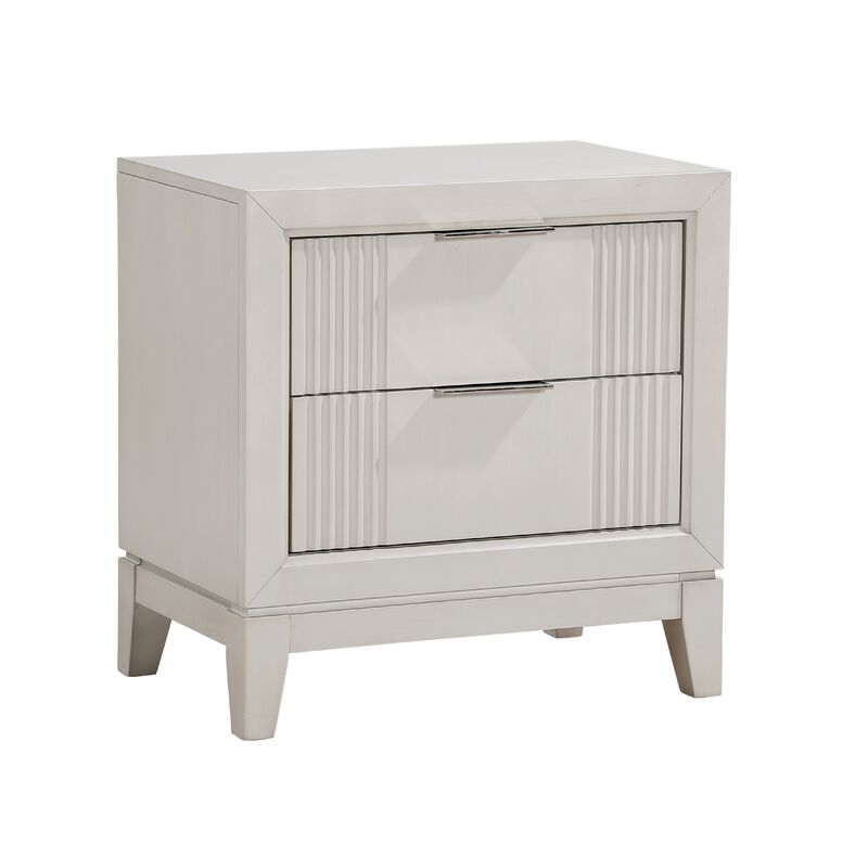 Flo Nightstand, 2 Drawers, Antique White Wood, Chrome Edge Handles - Benzara