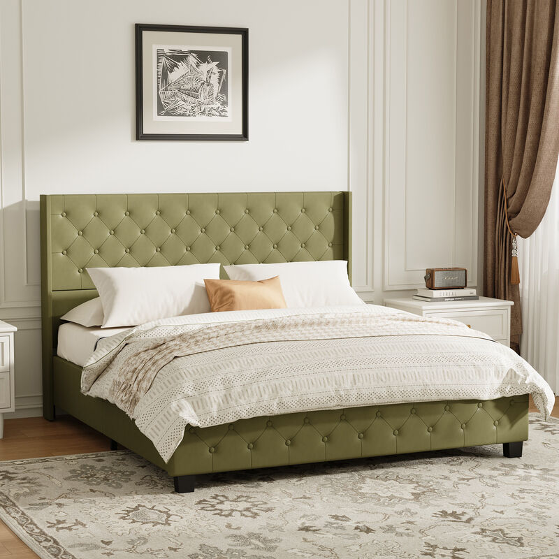 FUFU&GAGA Minimalist Leather King Bed with Iron Frame Tall Button-Detail Headboard Wood and Iron Legs 86.2''L x 79.9''W x 53.1''H Green