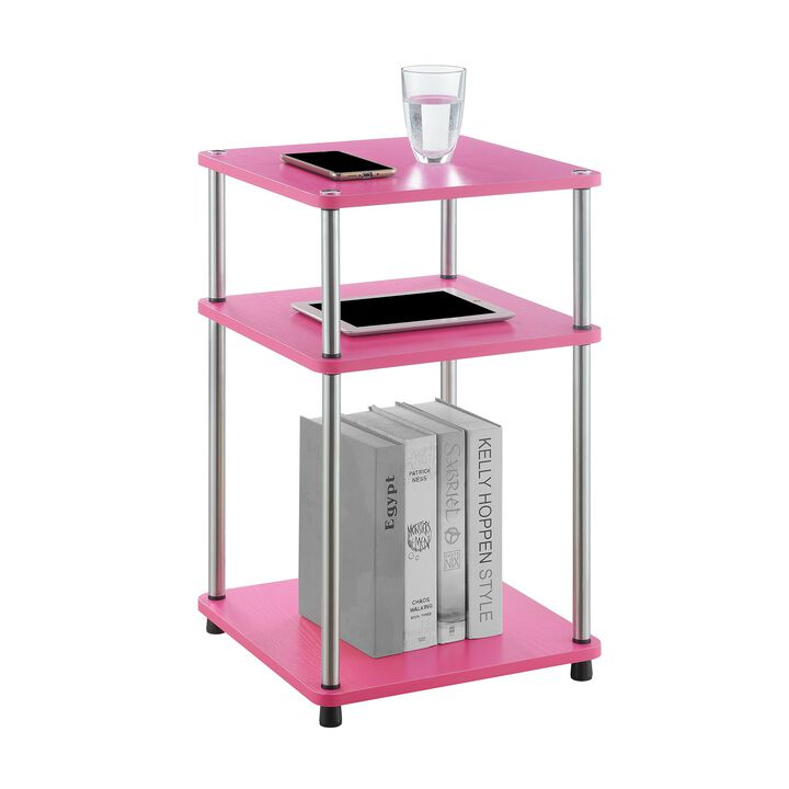 Convenience Concepts Designs2Go No Tools 3 Tier End 15.75"-Contemporary Modern Side Table with Storage Shelf for Family Room, Office, Pink/Chrome
