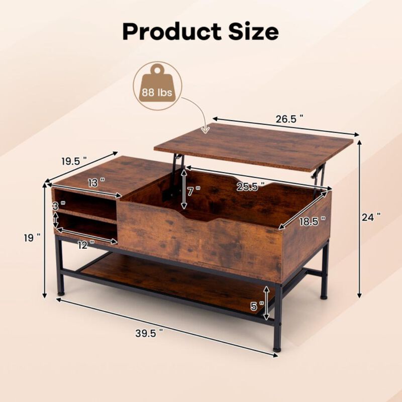 Hivvago Lift Top Coffee Table with Hidden Compartment and Removable Storage Shelf