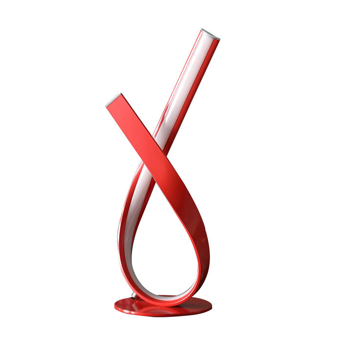 17 Inch Accent Table Lamp, Ribboned Bow, Round Base, LED Lighting, Red - Benzara