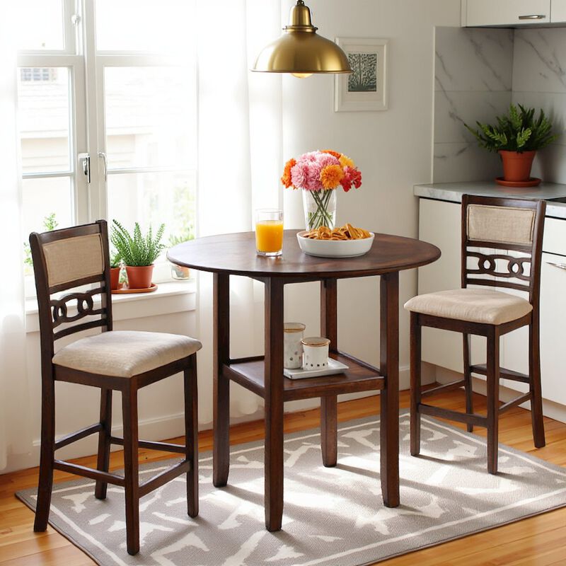 Brown Cherry 3 Piece Drop Leaf Table and 2 Chairs, Small Round Dining Table Set image number 2