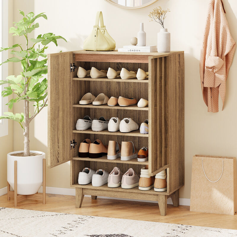 6-Tier Shoe Storage Cabinet with 2 Fluted Doors for Organized Shoe Storage-Oak image number 4