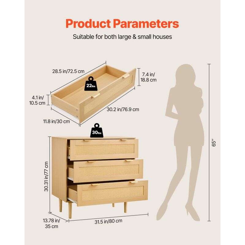 Modern Rattan 3 Drawer Dresser for Bedroom Storage Organizer image number 2