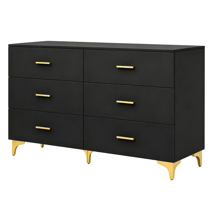 47" Black 6 Drawer Dresser with Gold Handles & Legs, Modern Glam Storage Cabinet