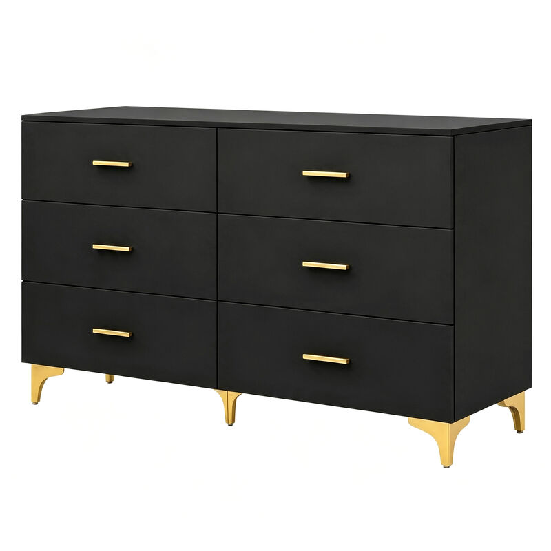 47" Black 6 Drawer Dresser with Gold Handles & Legs, Modern Glam Storage Cabinet image number 0