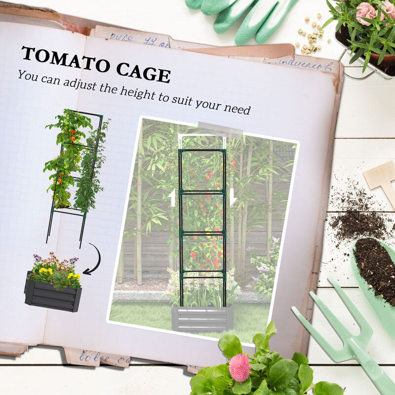 Outsunny Galvanized Raised Garden Bed, 24" x 24" x 11.75" Outdoor Planter Box with Trellis Tomato Cage and Open Bottom for Climbing Vines, Vegetables, Flowers in Backyard, Garden, Patio, Gray