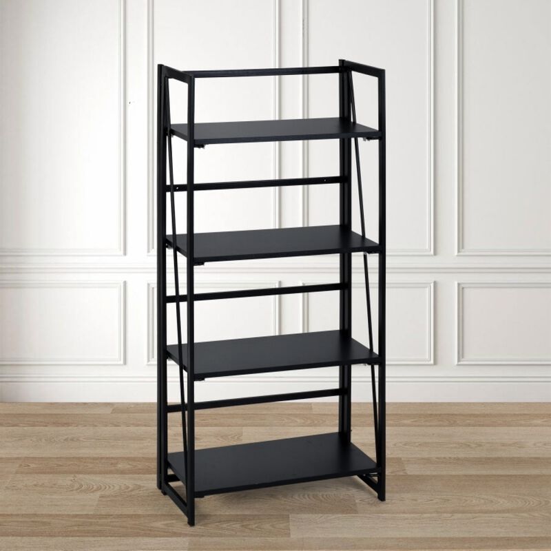 No-Assembly Folding Bookshelf, Storage Shelves 4 Tiers, Stand Storage Rack Shelves Bookcase for Home Office - Full Black image number 4