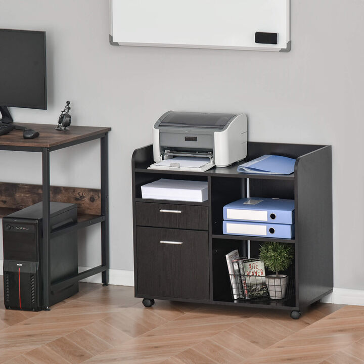 Black Mobile Filing Cabinet & Printer Stand features two drawers and three open storage shelves for home office organization.