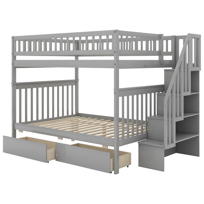 Full over Full Bunk Bed with Two Drawers and Storage, White