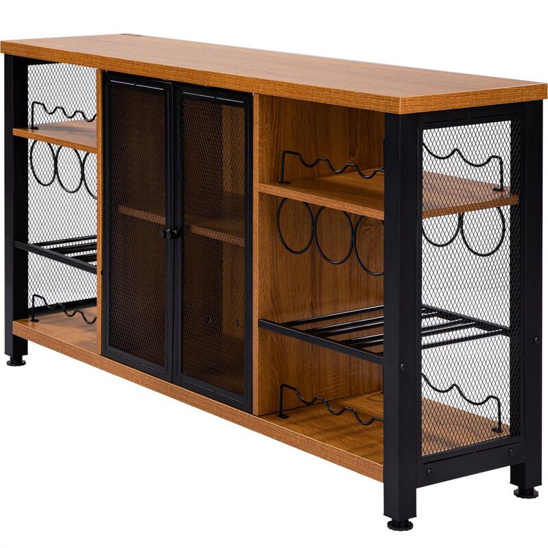 Industrial Bar Cabinet with Wine Rack, Glass Holder and Storage for Dining or Living Room