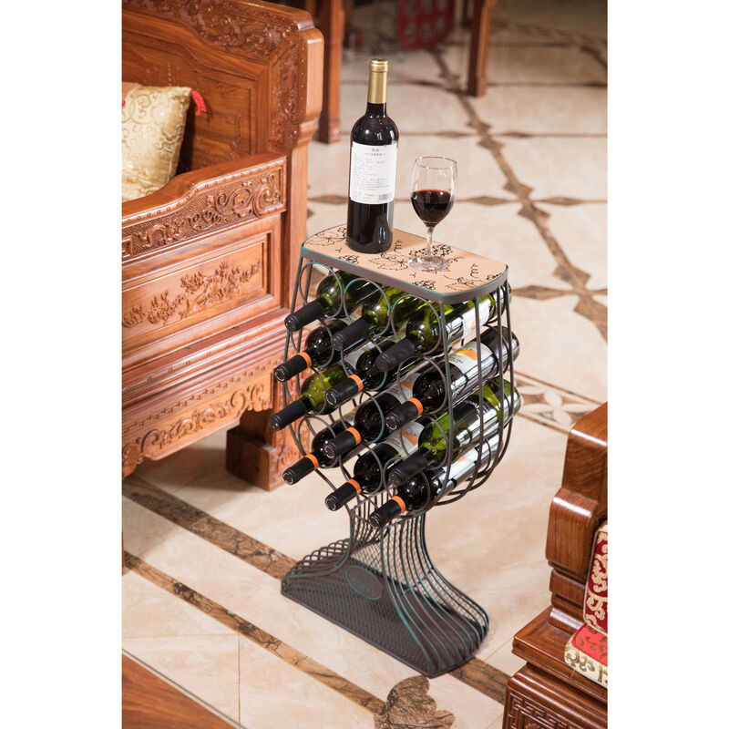 Vintage Decorative Wooden Metal Goblet Shaped Freestanding Wine Rack with Cork Holder