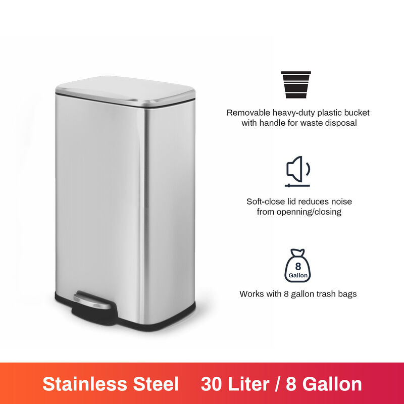8 Gallon/30 Liter Rectangular Stainless Steel Step-on Trash Can for Kitchen office, Silver image number 4