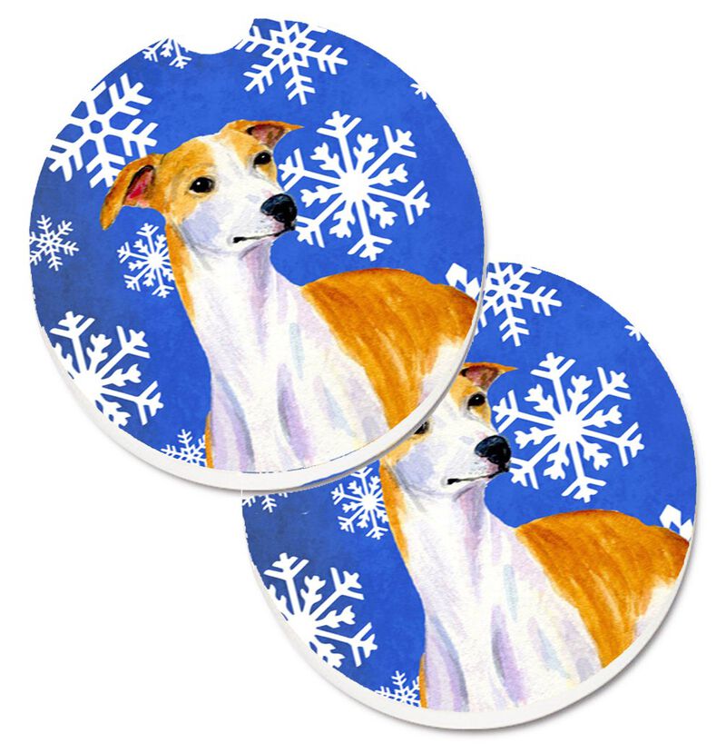 Caroline's Treasures Whippet Winter Snowflakes Holiday Set of 2 Cup Holder Car Coasters LH9283CARC, 2.56, Multicolor image number 0