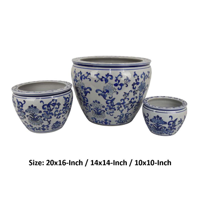 Hely 3 Planter Set, Blue Floral Vine Off White Ceramic 20, 14, 10 Inch