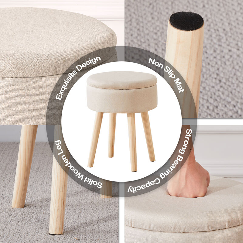 Storage Ottoman Linen Round Vanity Stool with Wood Legs – Multifunctional Foot Rest