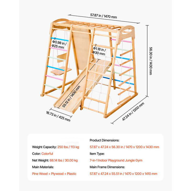 Wooden Indoor Playground Set with Monkey Bars Ladder Net and Rock Wall image number 2