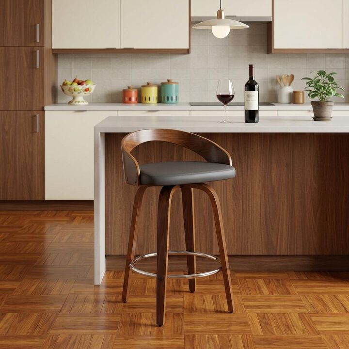 HomeRoots 26" Gray And Brown Faux Leather And Fabric And Iron Low Back Counter Height Swivel Bar Chair
