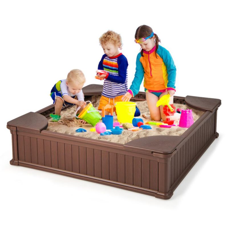Hivvago Kids Outdoor Sandbox with Oxford Cover and 4 Corner Seats