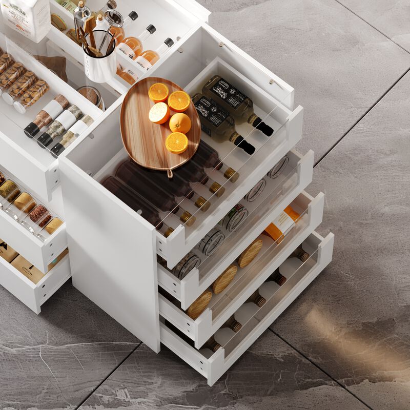 FUFU&GAGA White 14-Drawer Kitchen Island with Wooden Shelf, P2 MDF Construction, and Tempered Glass, (47.2"W x 23.6"D x 31.5"H), White