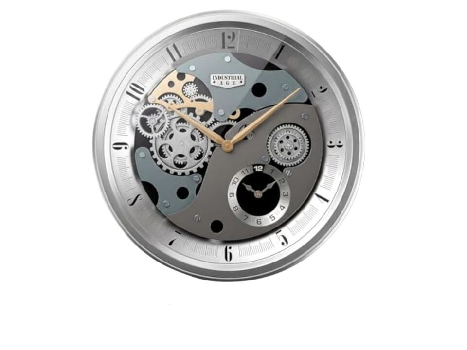 Industrial Moving Gears Dual Dials Wall Clock 20 Inch Silver Living Room Decor