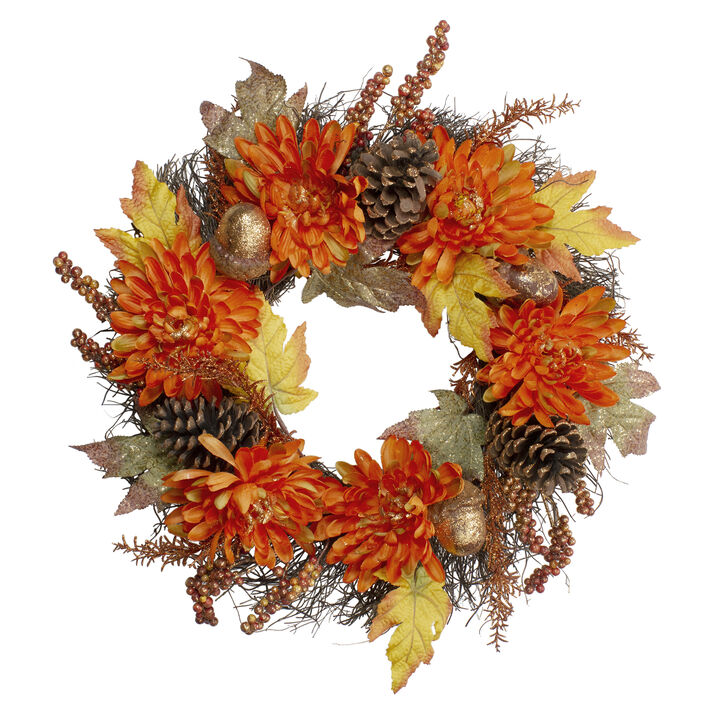 Mums and Acorns Artificial Floral Twig Wreath  22-Inch  Unlit