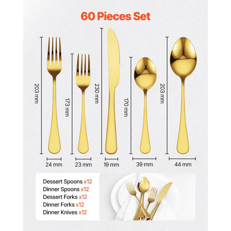 60-Piece Flatware Set for 12, Stainless Steel Cutlery with Knife Fork Spoon, Mirror Polished-Gold image number 2