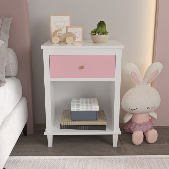 Wooden Nightstand with One Drawer One Shelf for Kids, Adults, Pink
