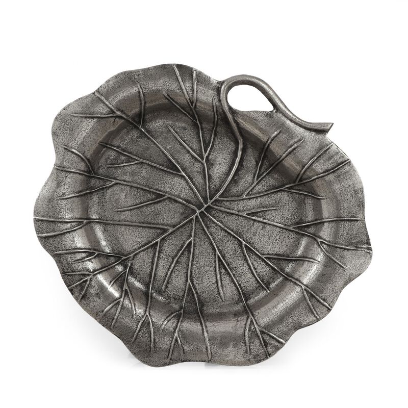 Haily Decorative Tray Platter, Flower Shaped Vein Details, Nickel Tone - Benzara