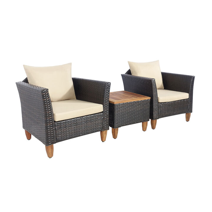 3 Pieces Patio Rattan Bistro Furniture Set with Wooden Table Top